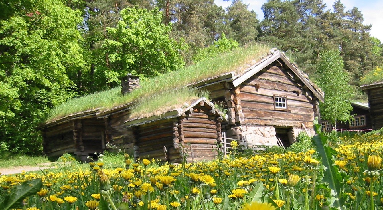 Log cabin with a sod roof, a typical off-grid solar cabin use case.